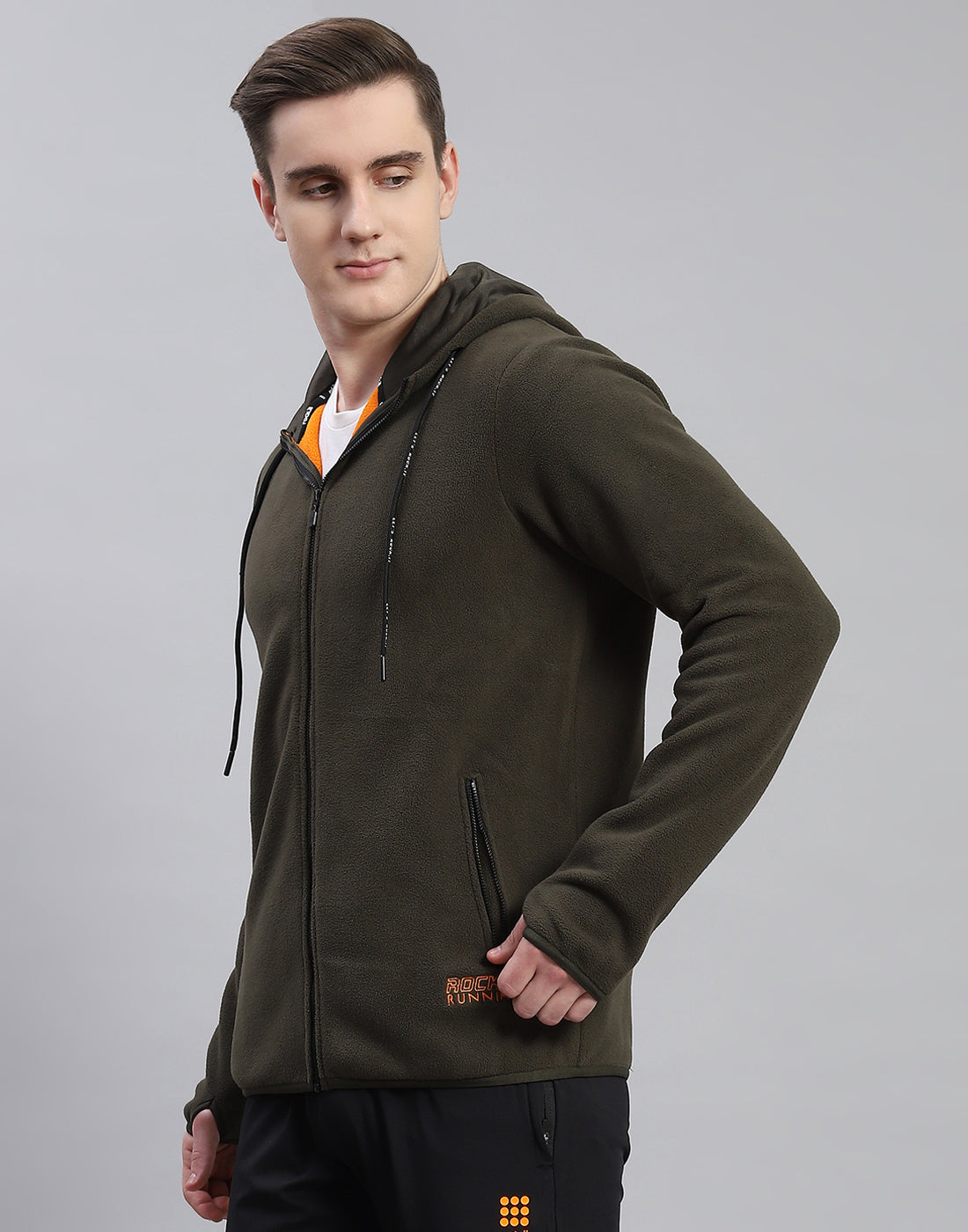 Rock.it Men Olive Solid Hooded Full Sleeve Sweatshirt