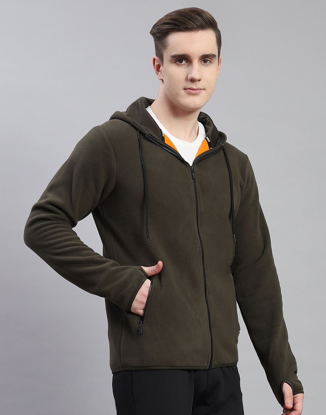 Rock.it Men Olive Solid Hooded Full Sleeve Sweatshirt