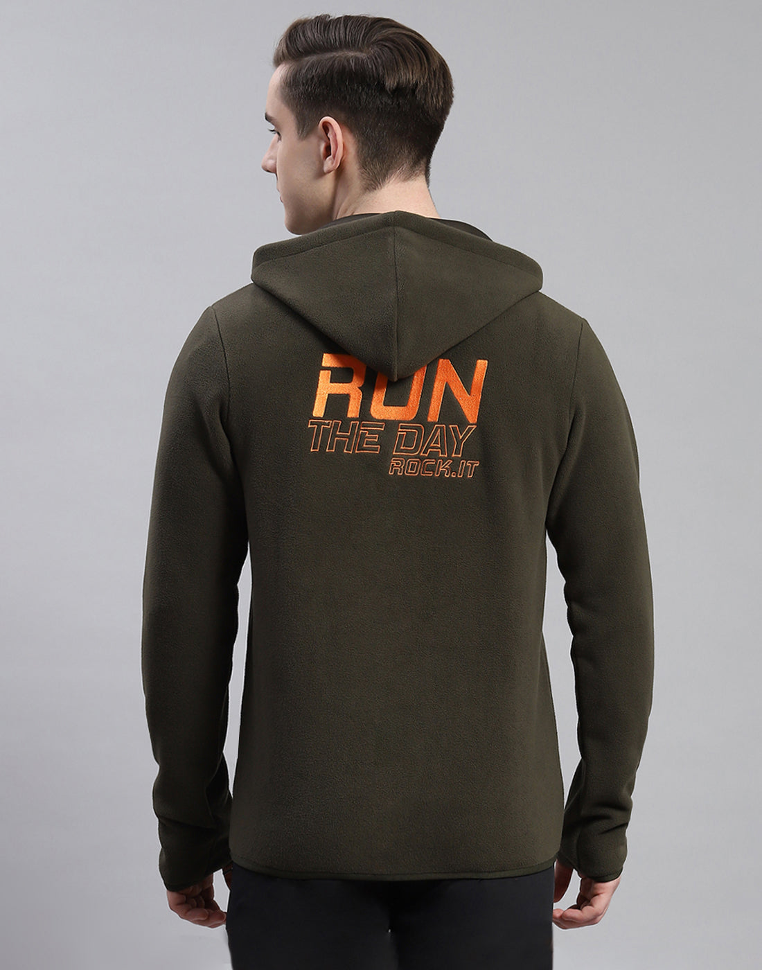 Rock.it Men Olive Solid Hooded Full Sleeve Sweatshirt