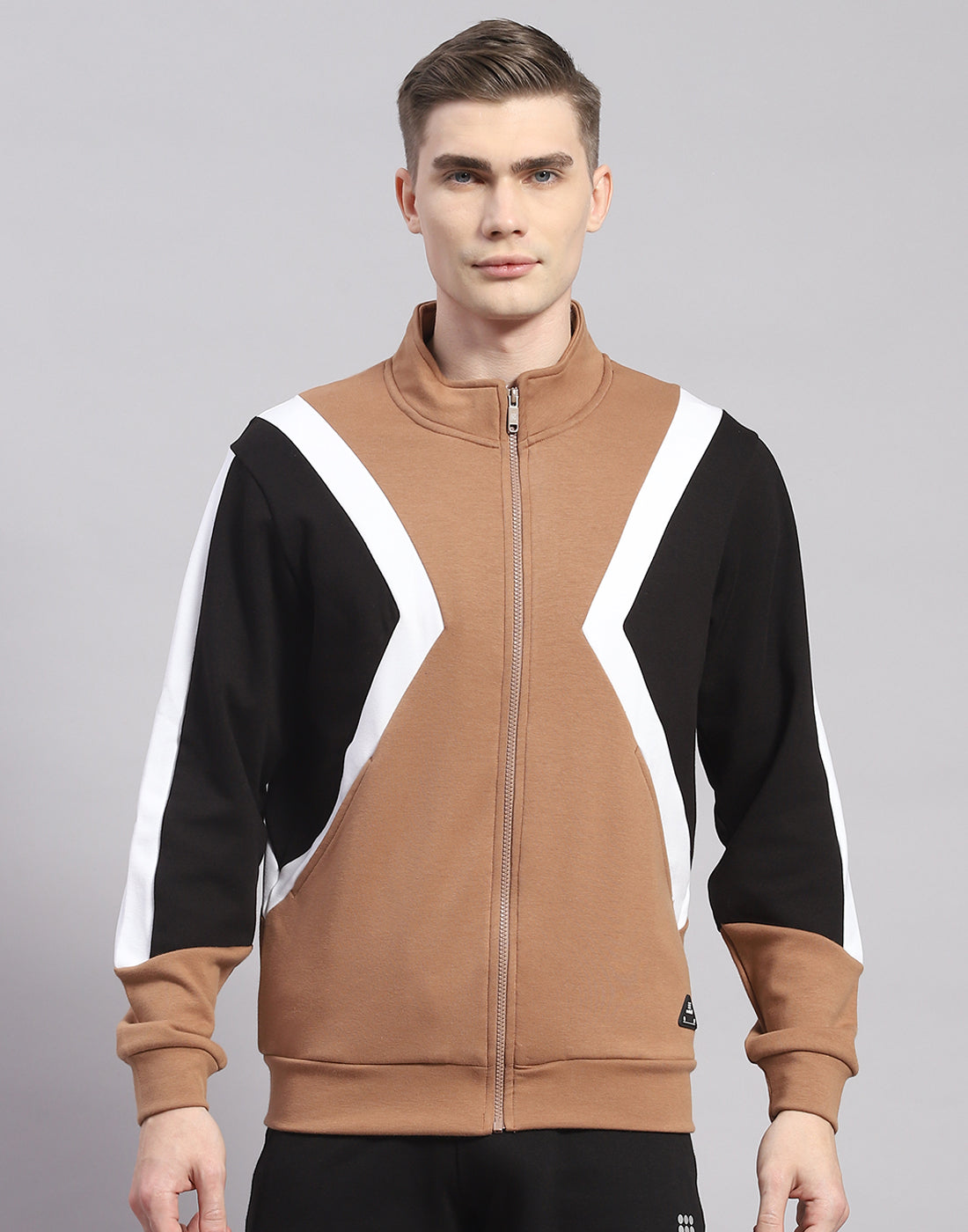 Rock.it Men Camel Brown Solid T Neck Full Sleeve Sweatshirt