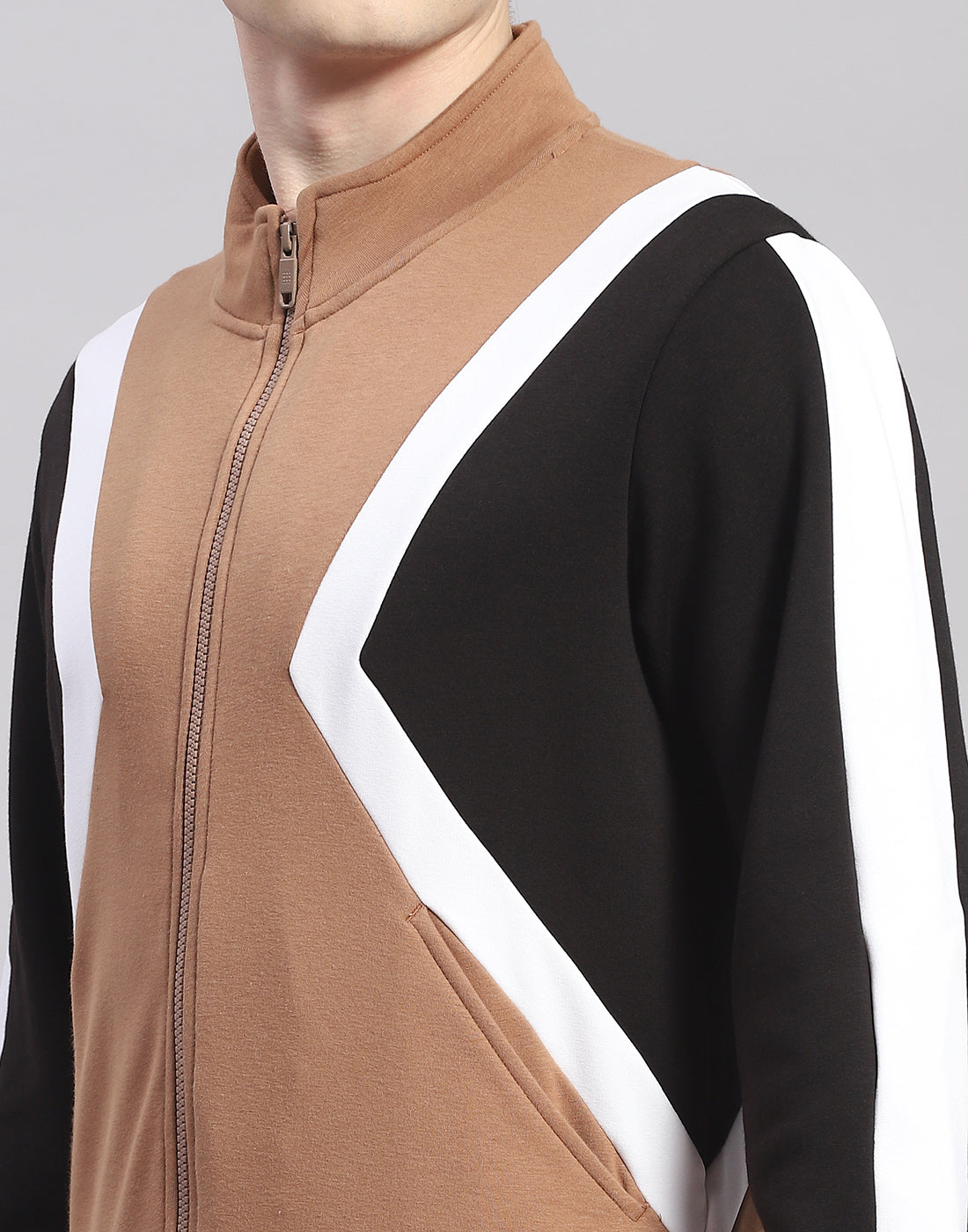 Rock.it Men Camel Brown Solid T Neck Full Sleeve Sweatshirt