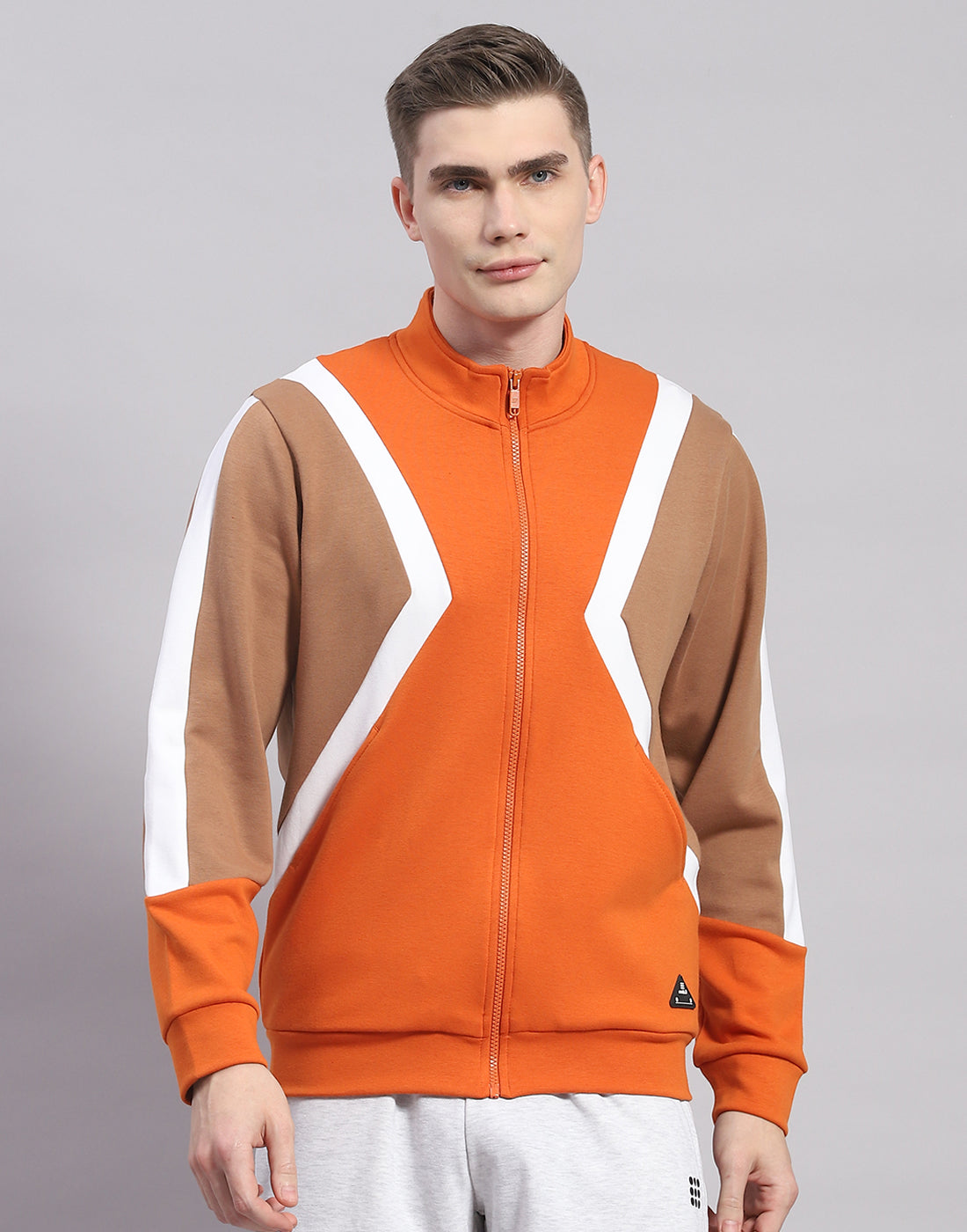 Rock.it Men Orange Solid T Neck Full Sleeve Sweatshirt