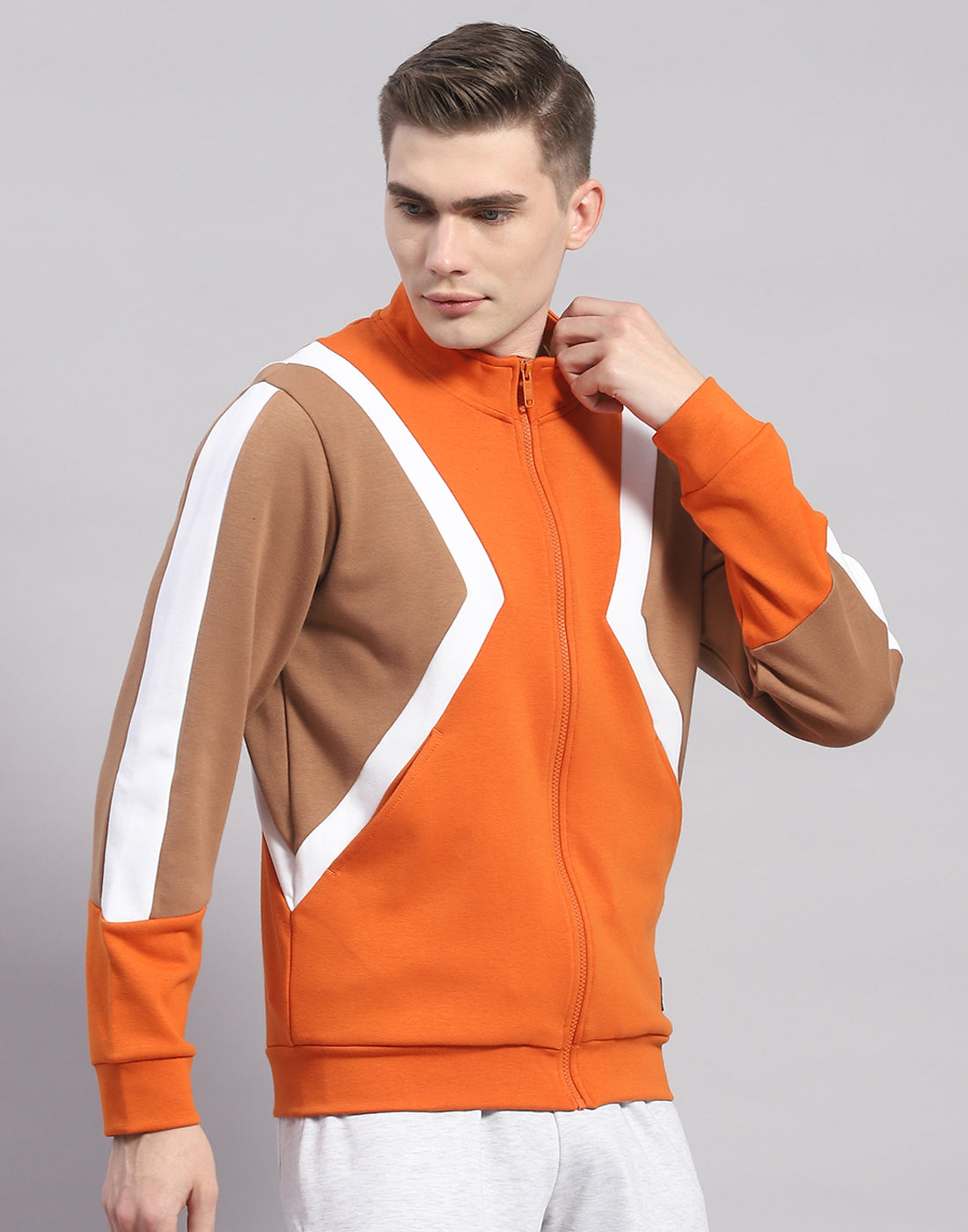 Rock.it Men Orange Solid T Neck Full Sleeve Sweatshirt