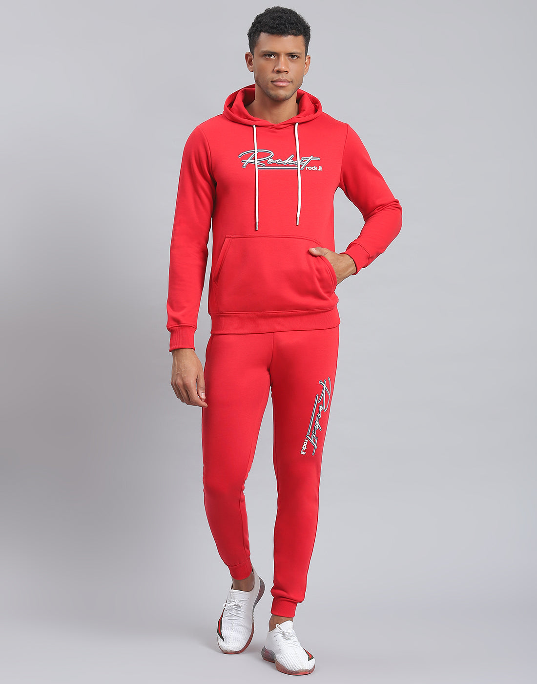 Rock.it Men Red Solid Hooded Full Sleeve Tracksuit