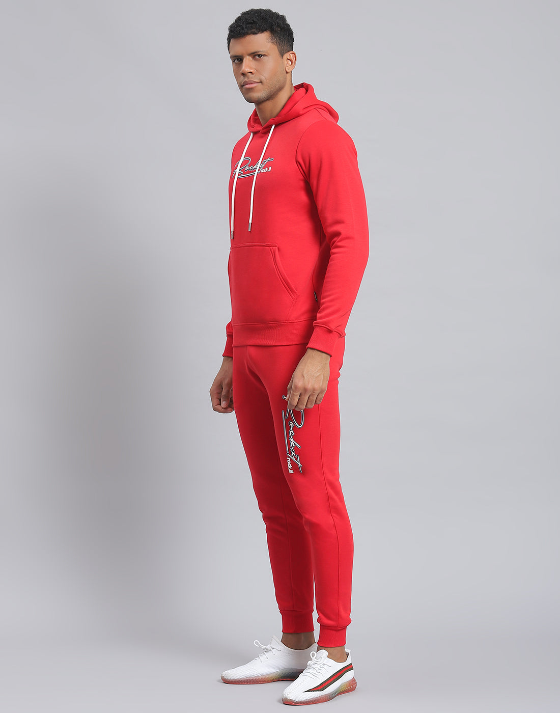 Rock.it Men Red Solid Hooded Full Sleeve Tracksuit