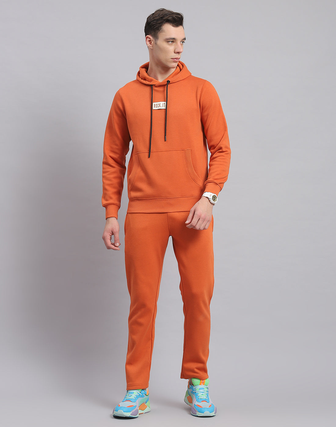 Rock.it Men Rust Solid Hooded Full Sleeve Tracksuit