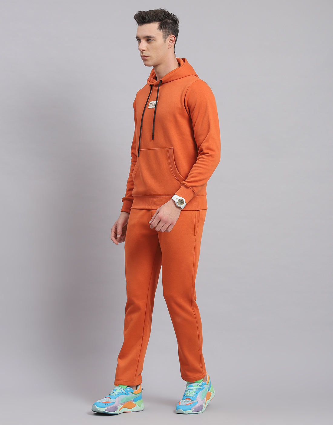 Rock.it Men Rust Solid Hooded Full Sleeve Tracksuit