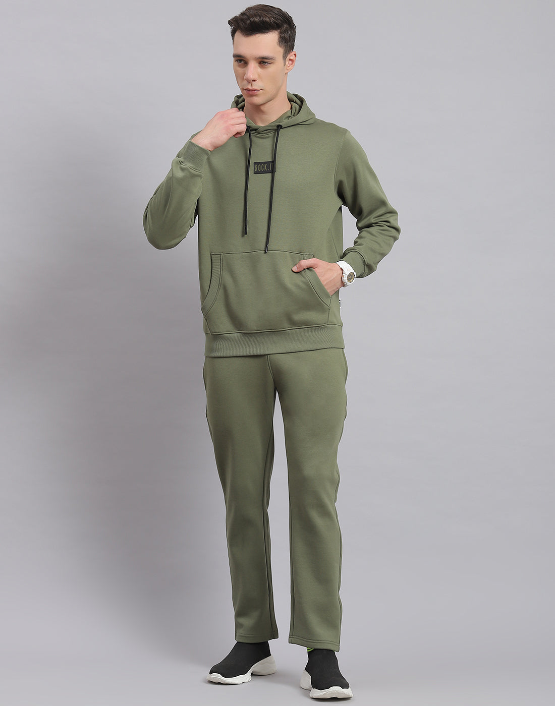 Rock.it Men Olive Solid Hooded Full Sleeve Tracksuit