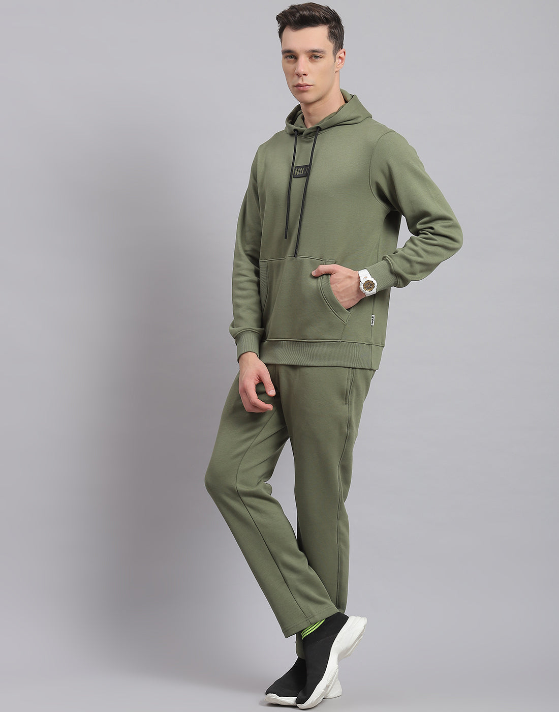 Rock.it Men Olive Solid Hooded Full Sleeve Tracksuit