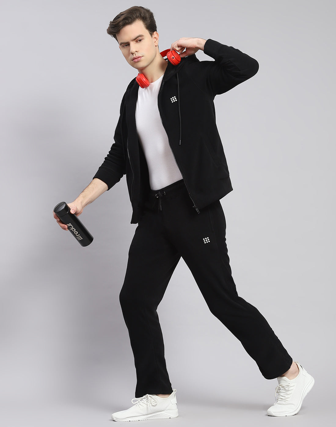 Rock.it Men Black Solid Hooded Full Sleeve Tracksuit