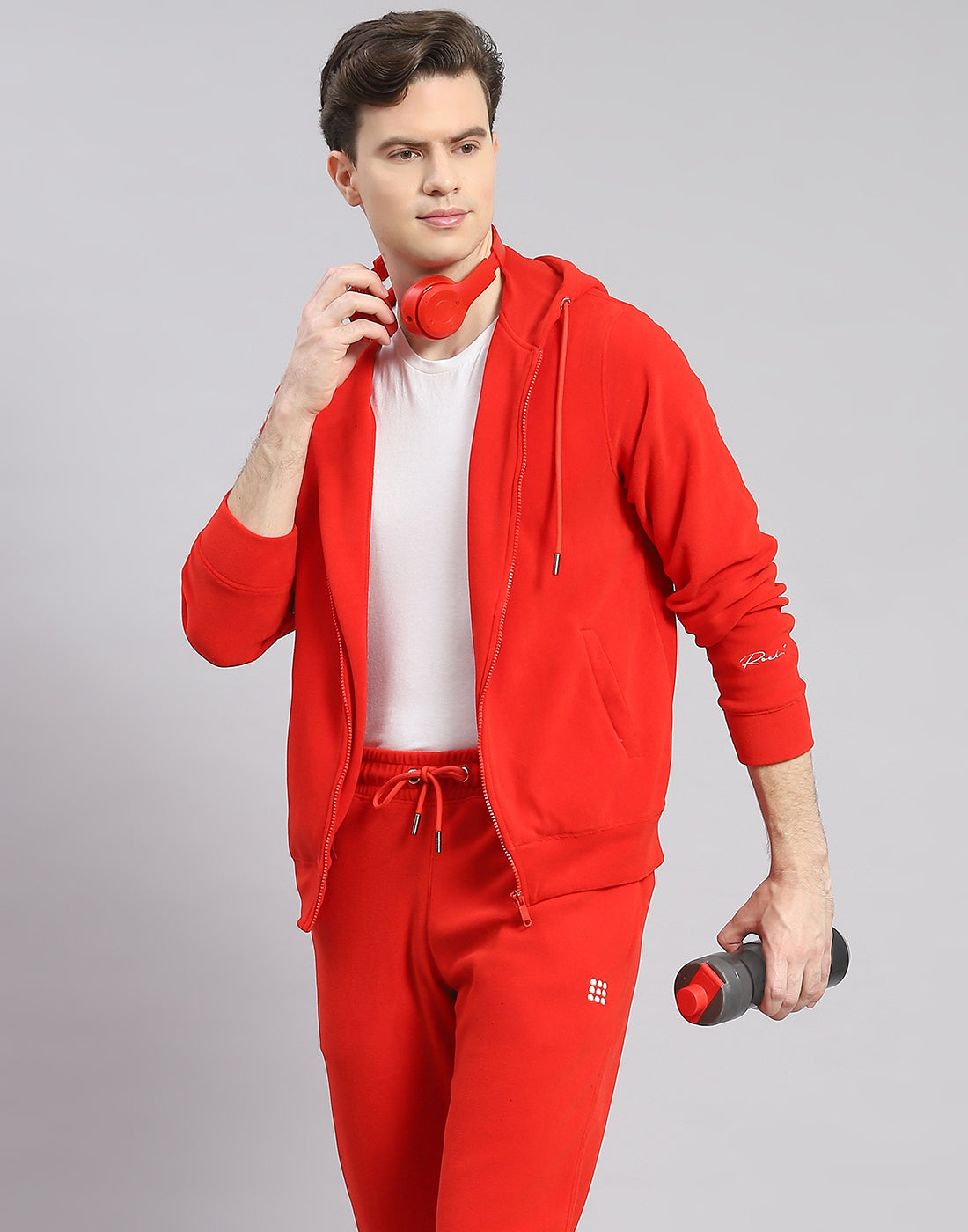 Rock.it Men Red Solid Hooded Full Sleeve Tracksuit