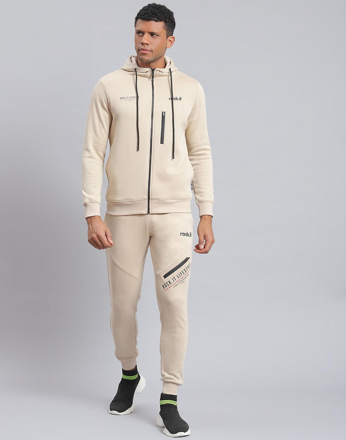 Rock.it Men Beige Solid Hooded Full Sleeve Tracksuit