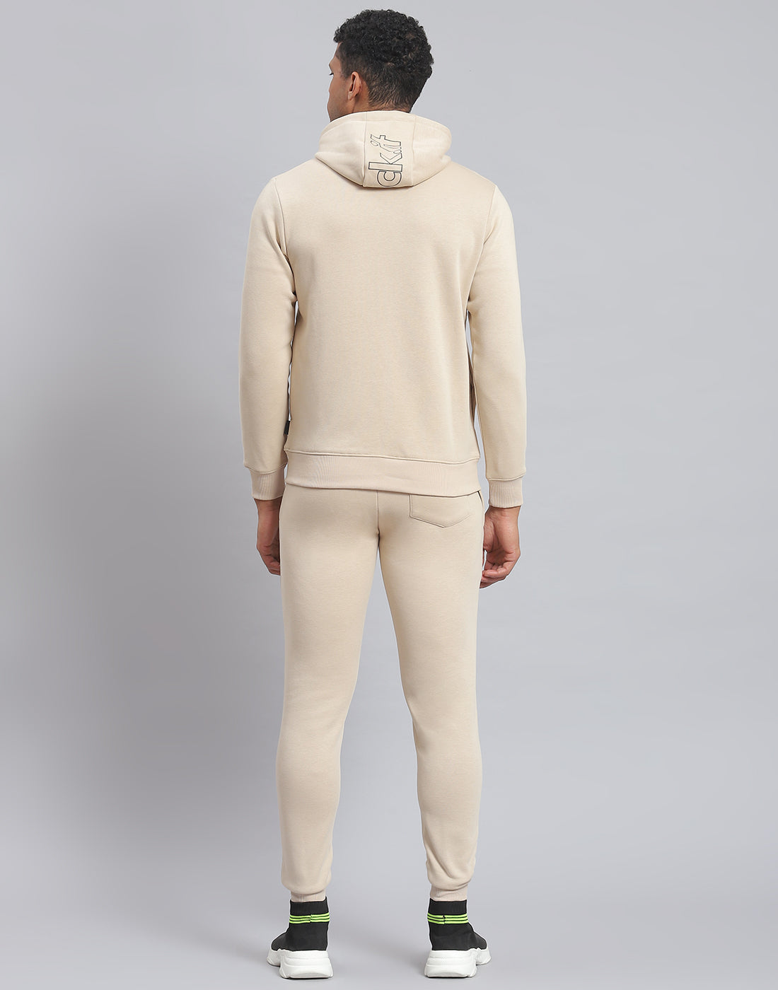 Rock.it Men Beige Solid Hooded Full Sleeve Tracksuit