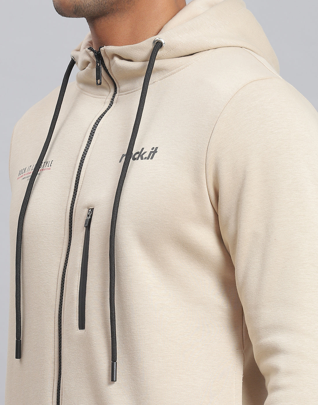 Rock.it Men Beige Solid Hooded Full Sleeve Tracksuit