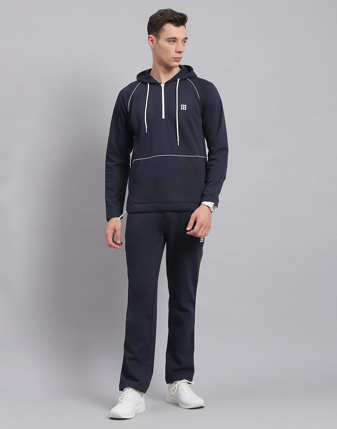 Rock.it Men Navy Blue Solid Hooded Full Sleeve Tracksuit