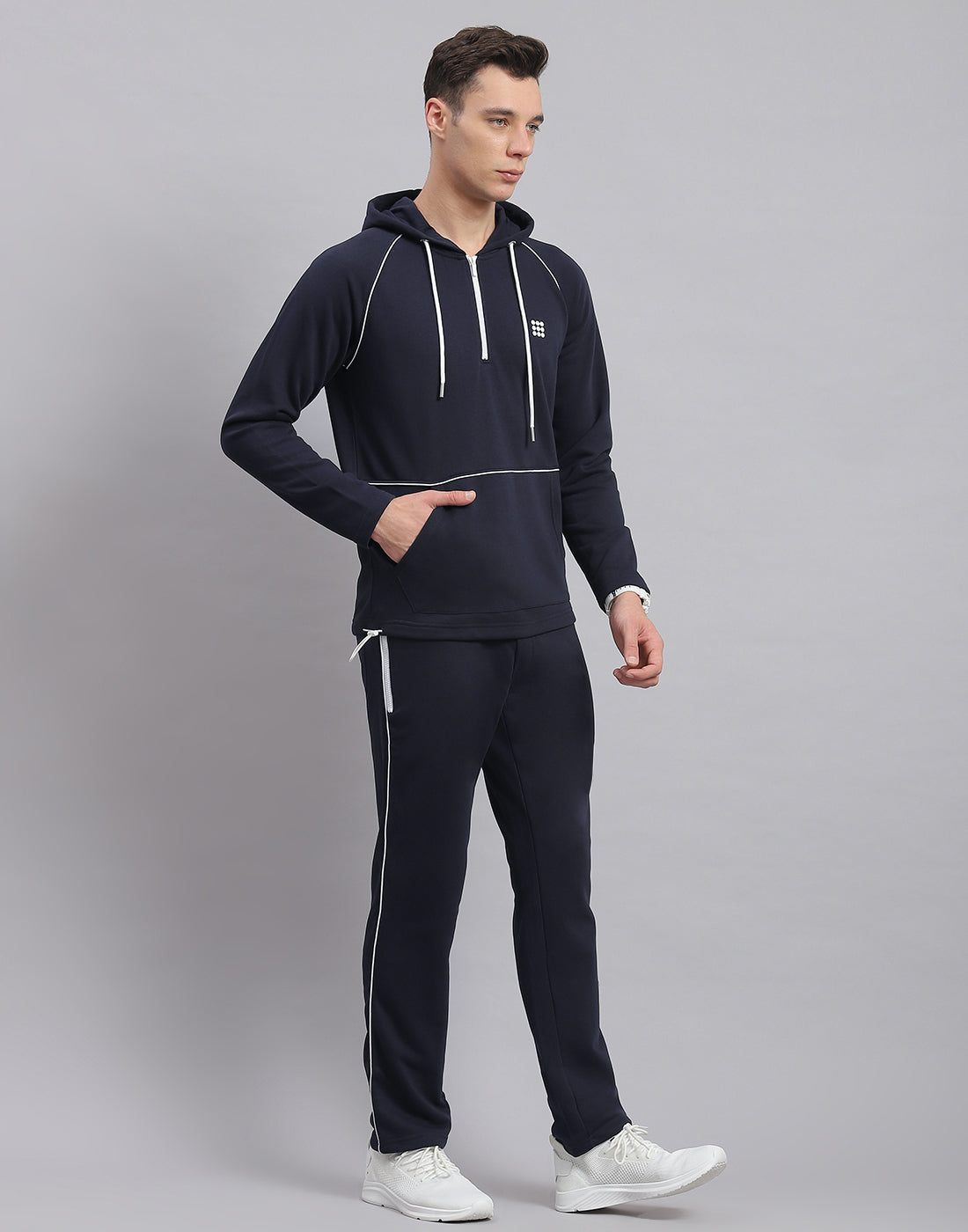 Rock.it Men Navy Blue Solid Hooded Full Sleeve Tracksuit