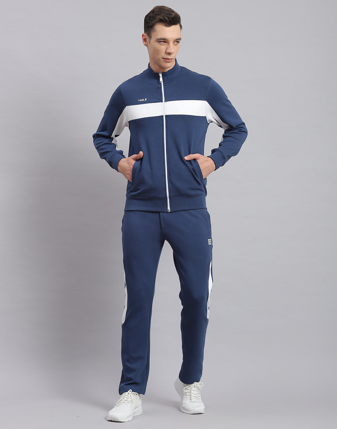 Rock.it Men Blue Solid Stand Collar Full Sleeve Tracksuit