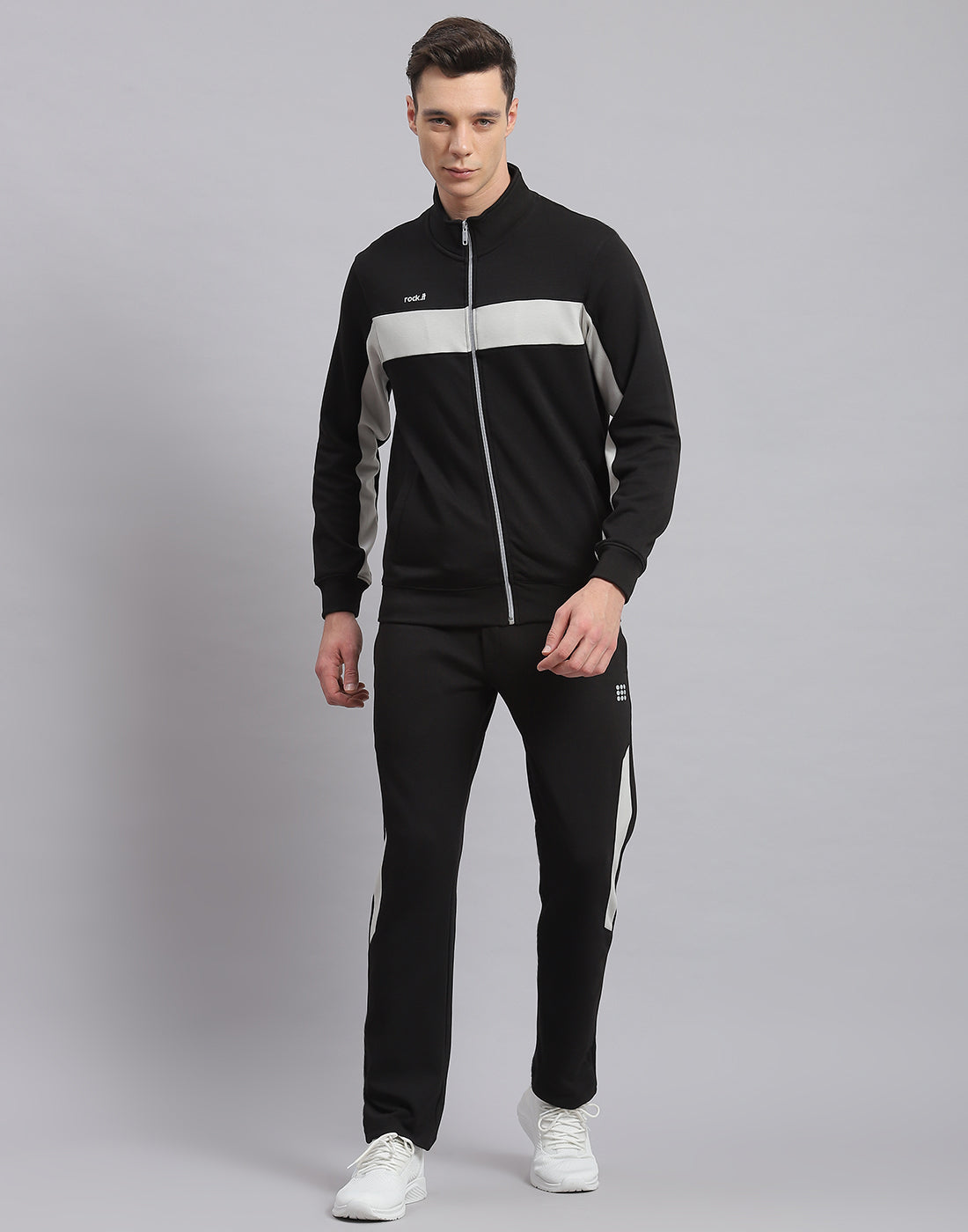 Rock.it Men Black Solid Stand Collar Full Sleeve Tracksuit