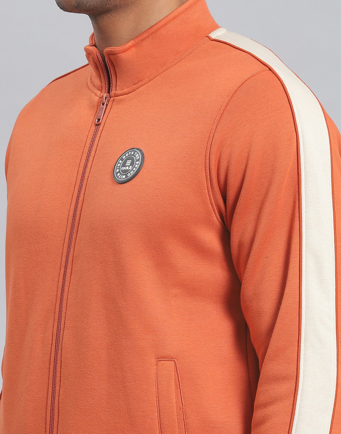 Men Rust Solid Stand Collar Full Sleeve Tracksuit