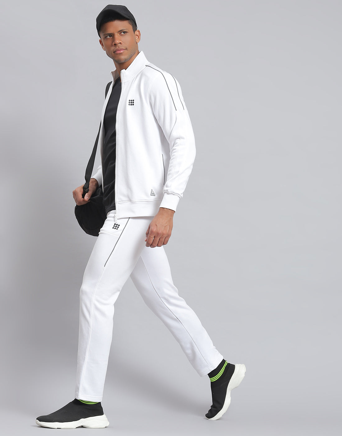 Men White Solid Stand Collar Full Sleeve Tracksuit