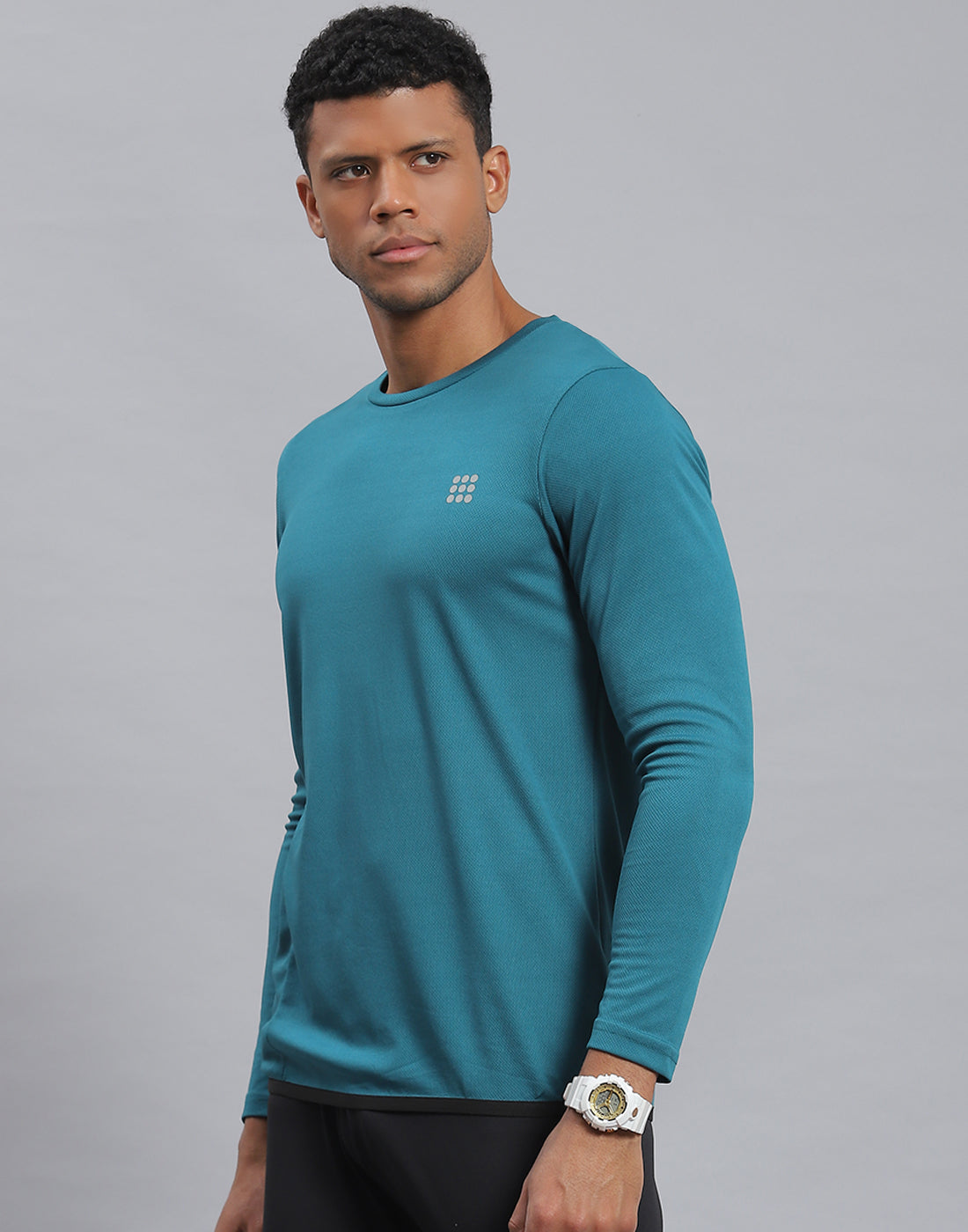 Rock.it Men Teal Blue Solid Round Neck Full Sleeve Active T-Shirt