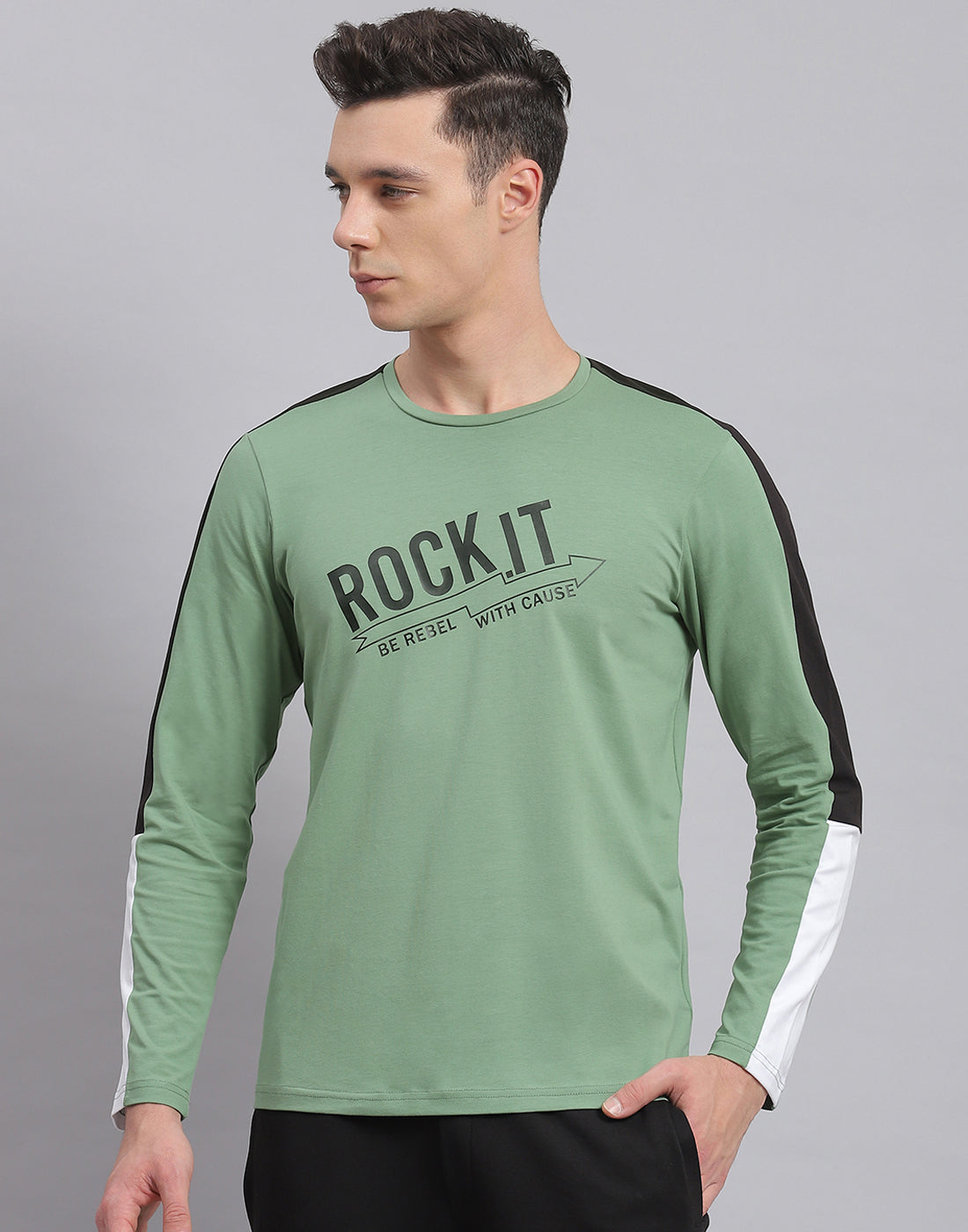 Rock.it Men Green Printed Round Neck Full Sleeve Active T-Shirt
