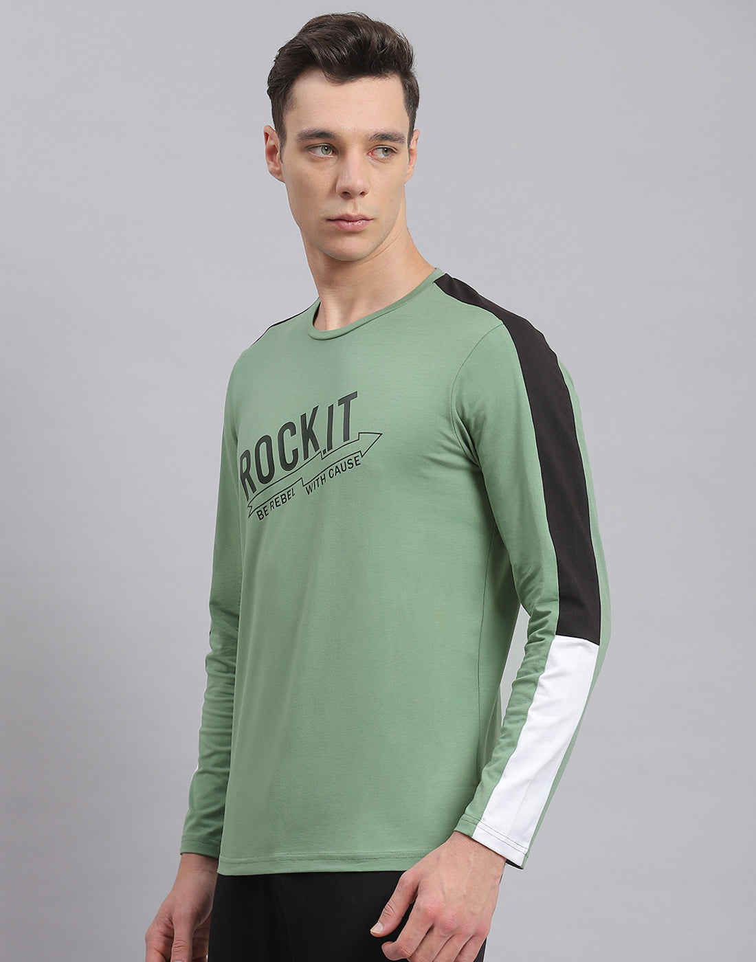 Rock.it Men Green Printed Round Neck Full Sleeve Active T-Shirt