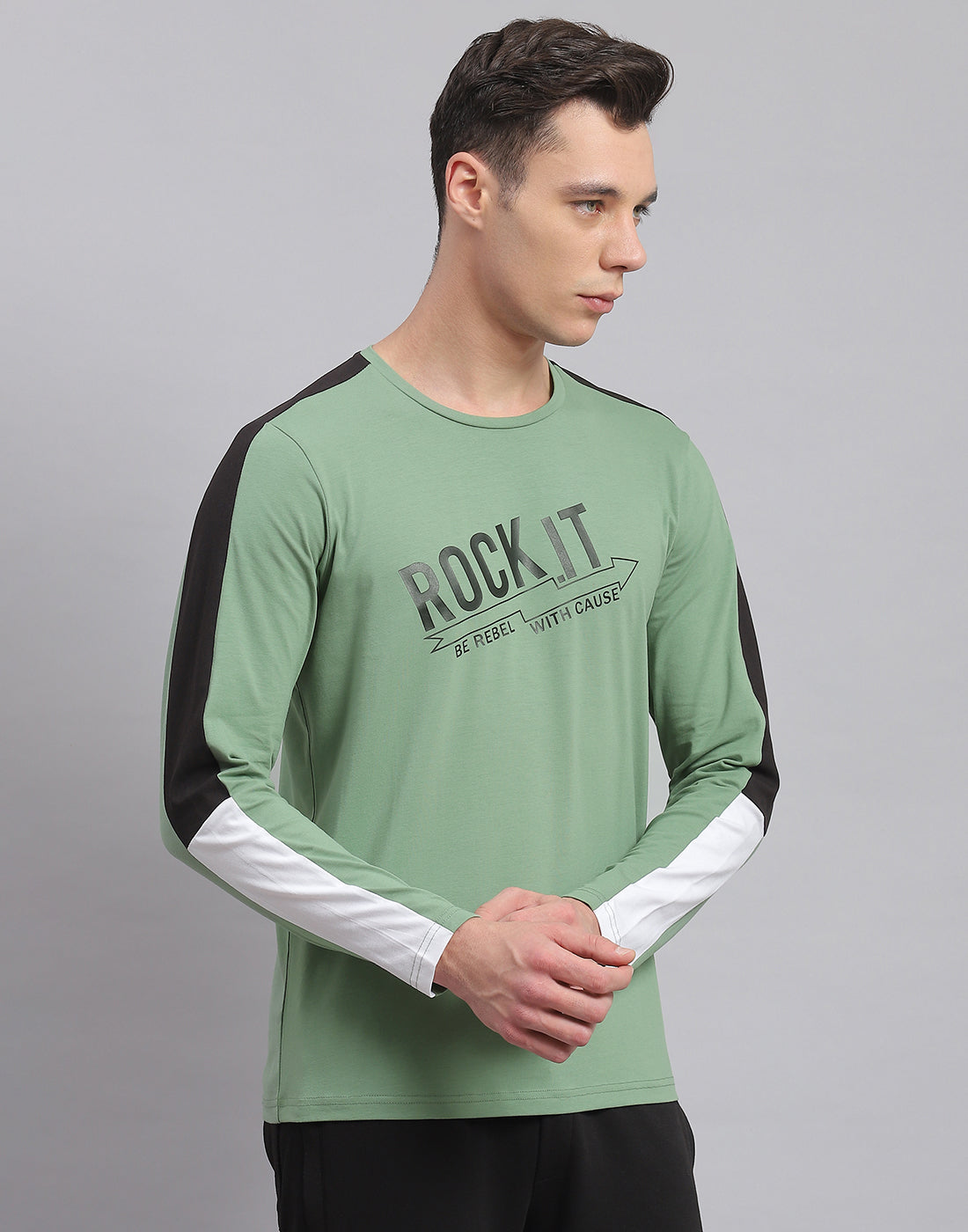 Men Green Printed Round Neck Full Sleeve Active T-Shirt