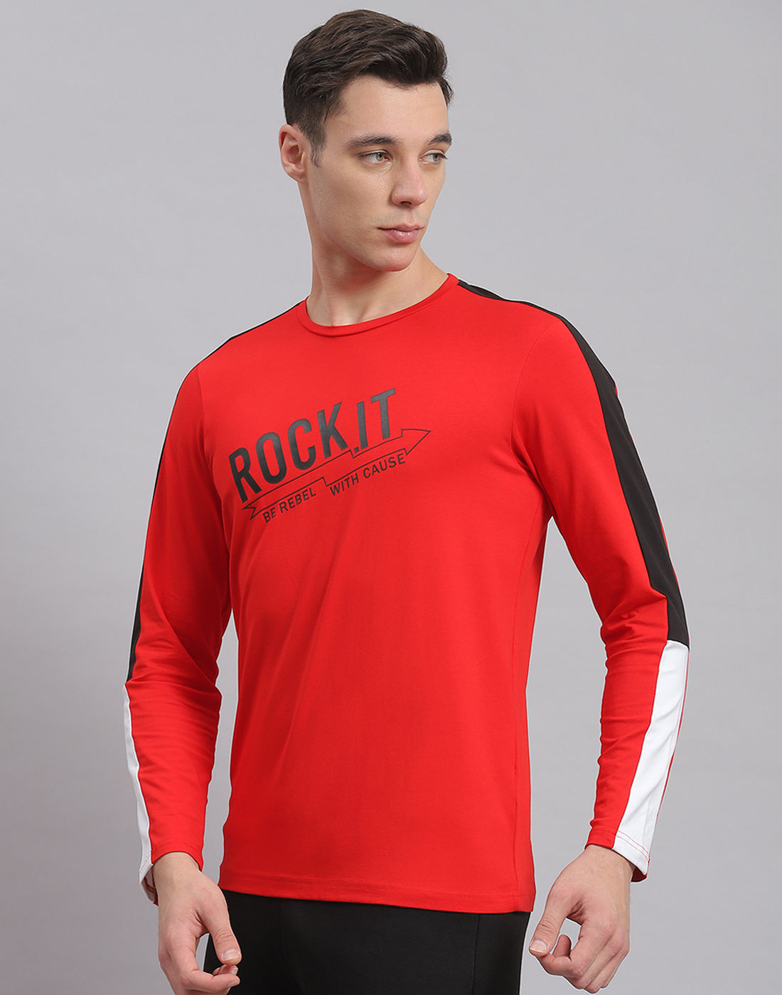 Men Red Printed Round Neck Full Sleeve Active T-Shirt