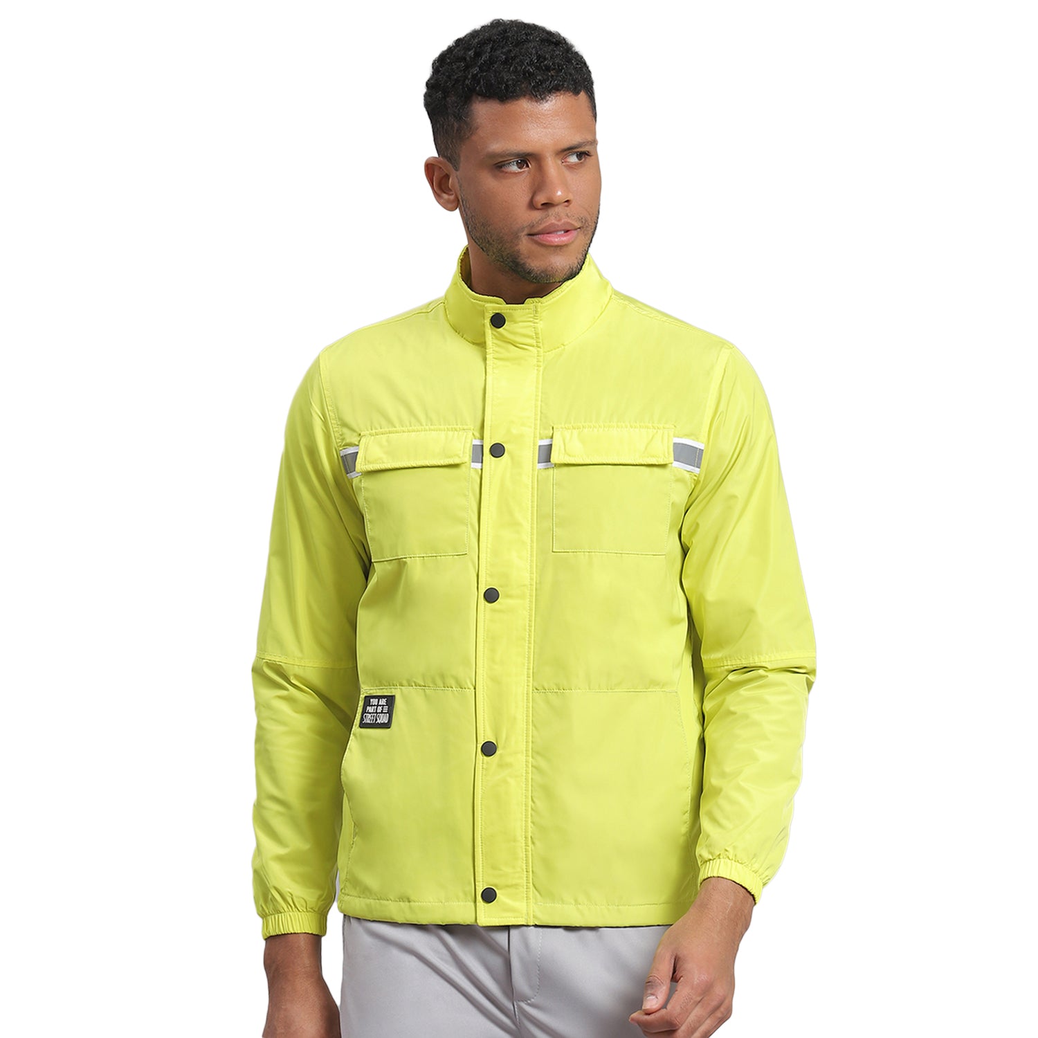 Men Green Solid Stand Collar Full Sleeve Jacket