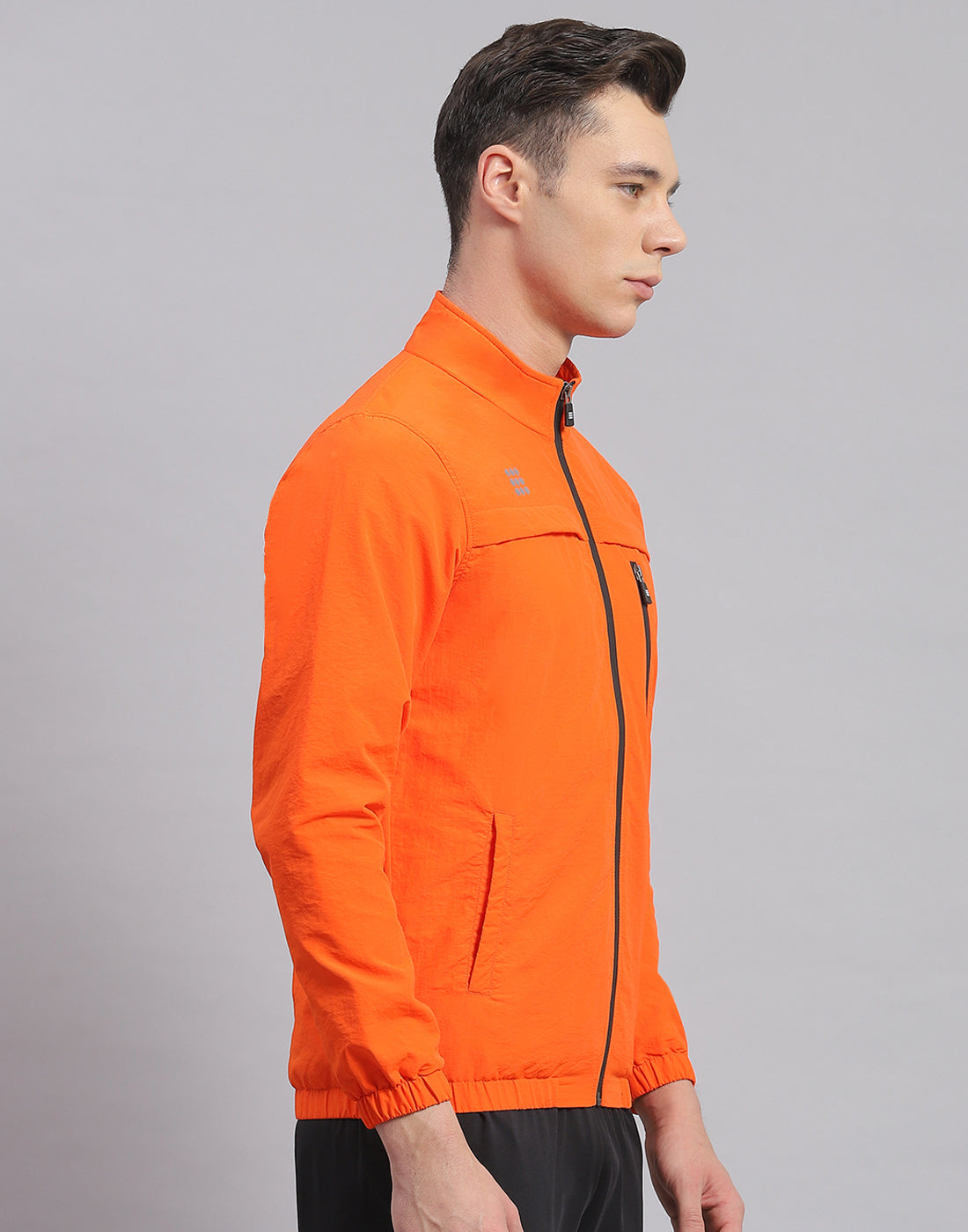 Men Orange Solid Stand Collar Full Sleeve Jacket