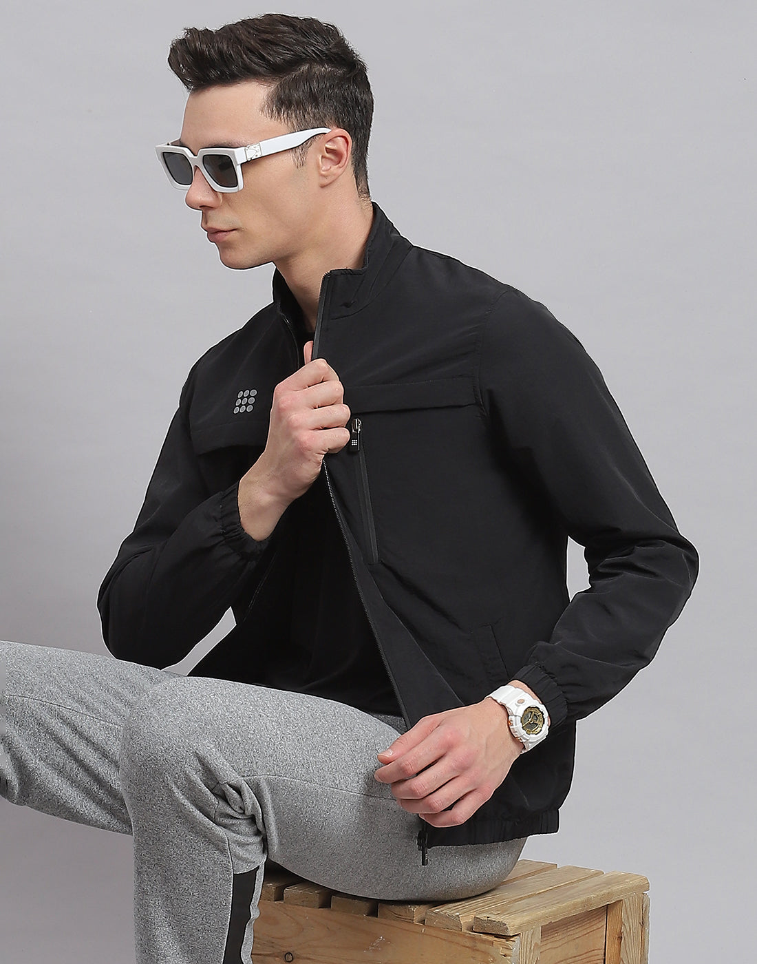 Rock.it Men Black Solid Stand Collar Full Sleeve Jacket