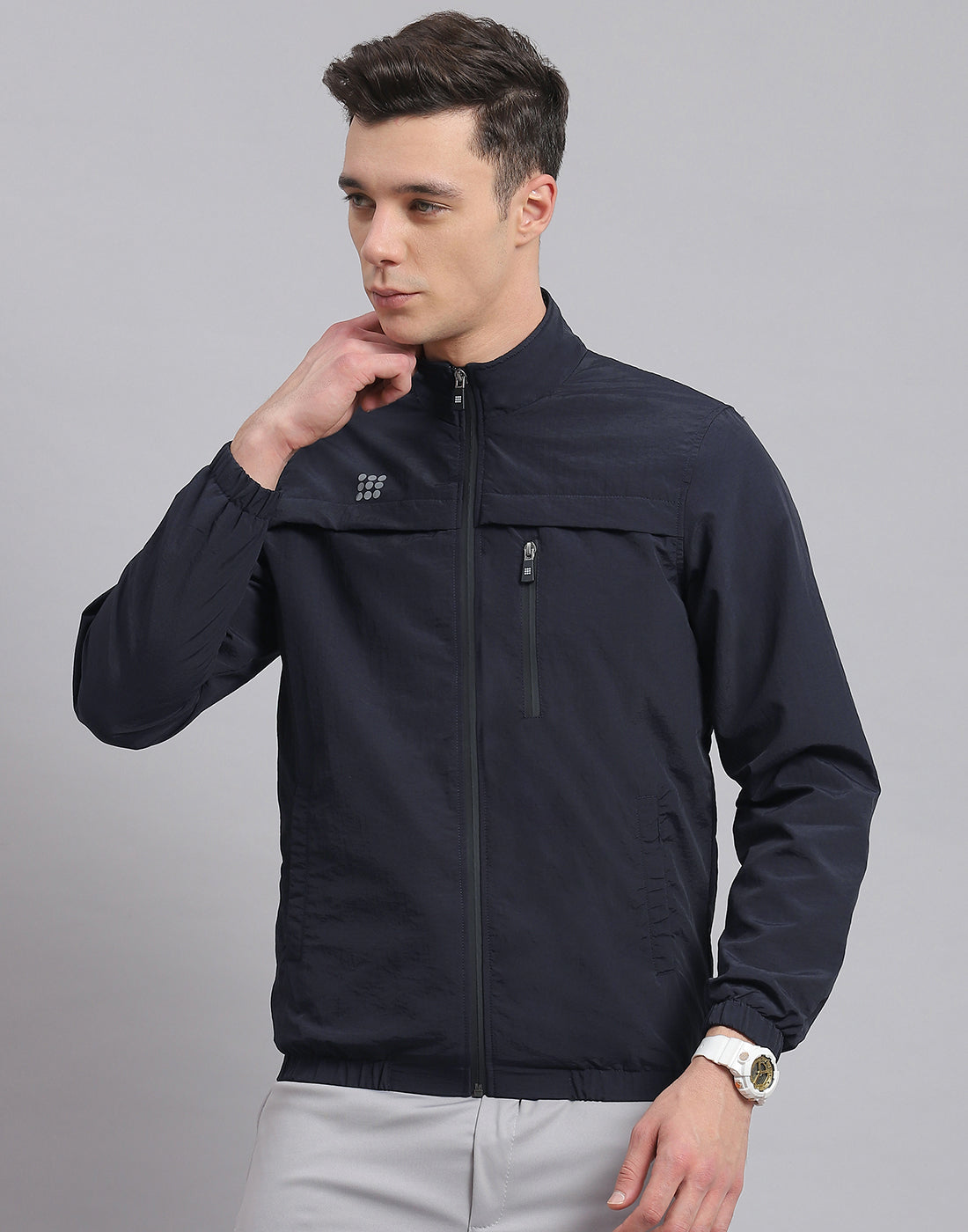 Rock.it Men Navy Blue Solid Stand Collar Full Sleeve Jacket