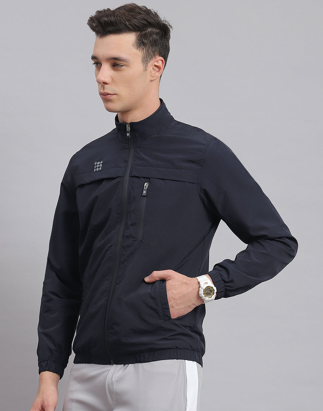 Rock.it Men Navy Blue Solid Stand Collar Full Sleeve Jacket
