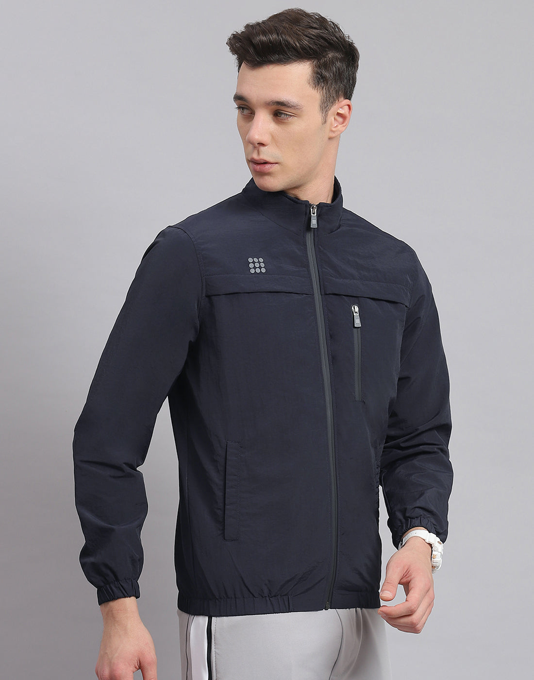 Rock.it Men Navy Blue Solid Stand Collar Full Sleeve Jacket