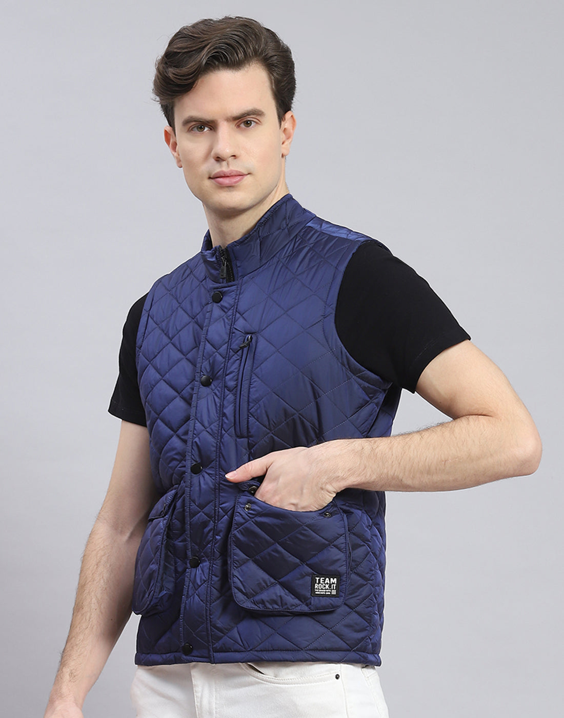 Rock.it Men Blue Solid Stand Collar Sleeveless Jacket