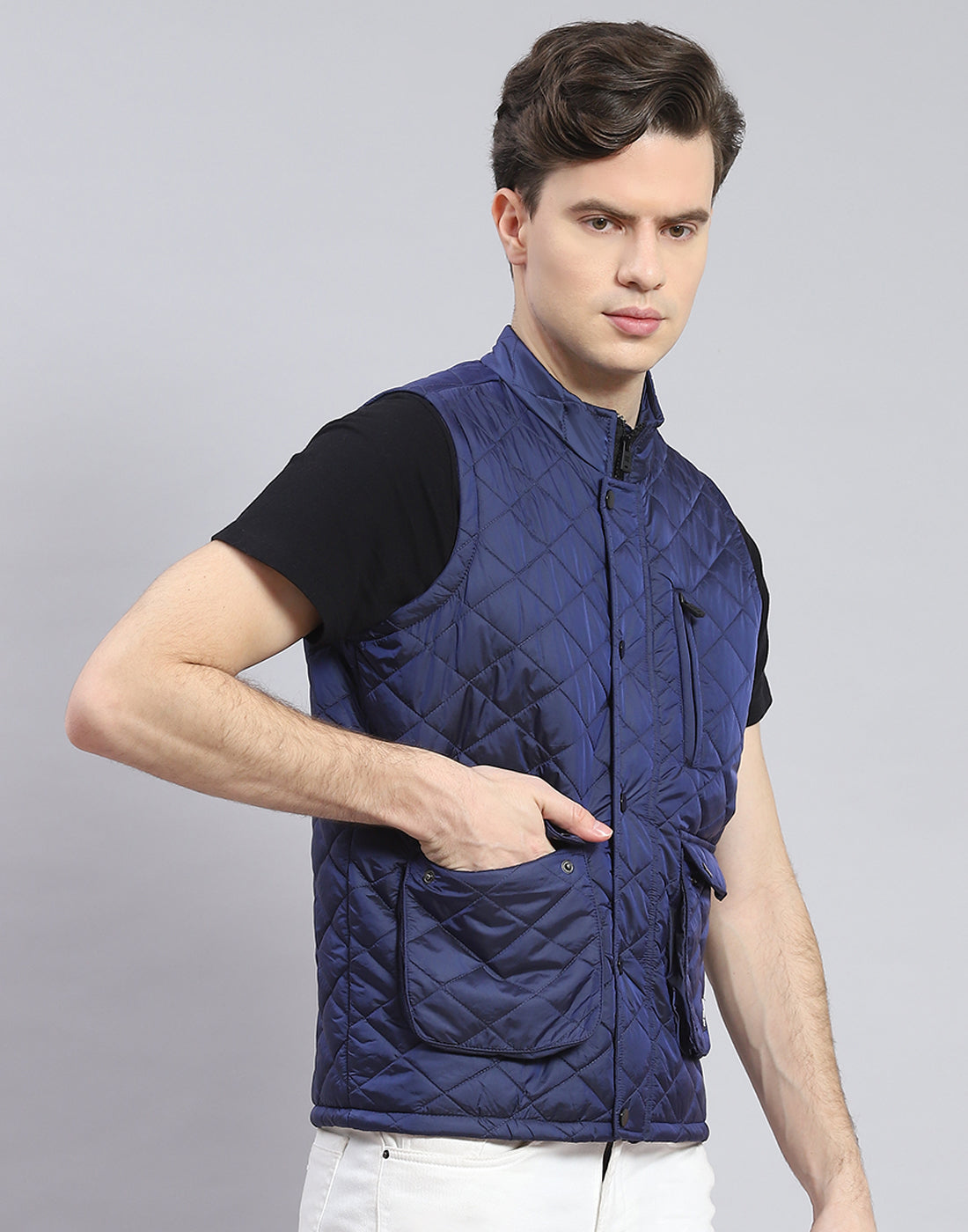 Rock.it Men Blue Solid Stand Collar Sleeveless Jacket