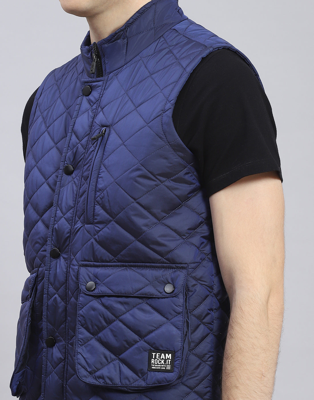Rock.it Men Blue Solid Stand Collar Sleeveless Jacket