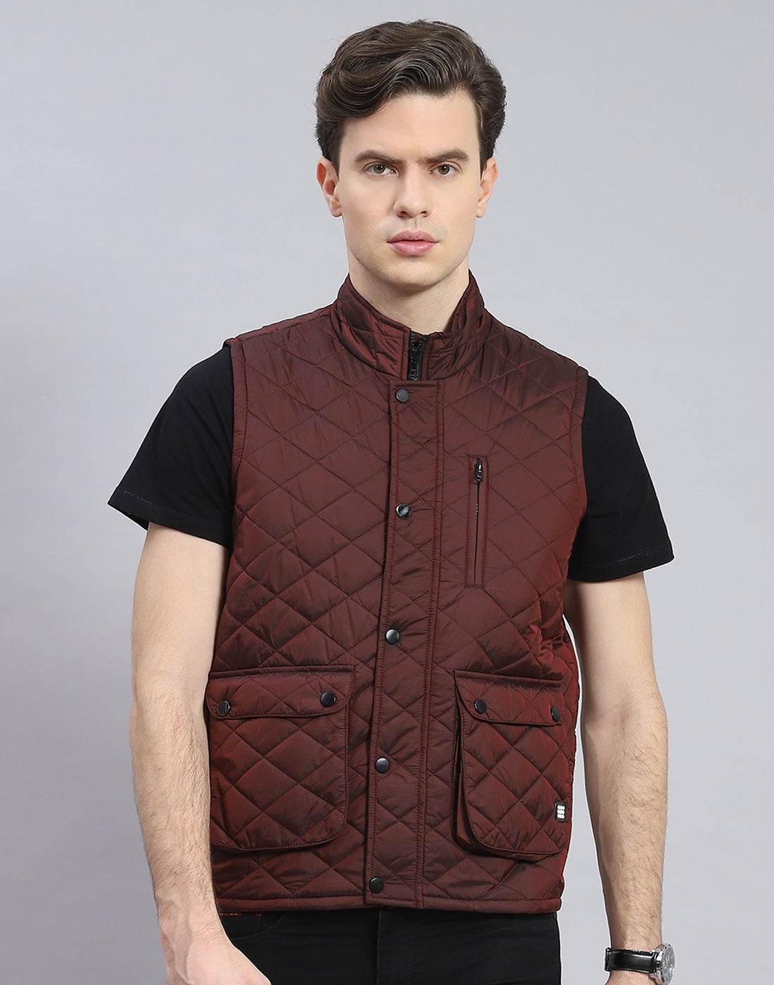 Rock.it Men Maroon Solid Stand Collar Sleeveless Jacket