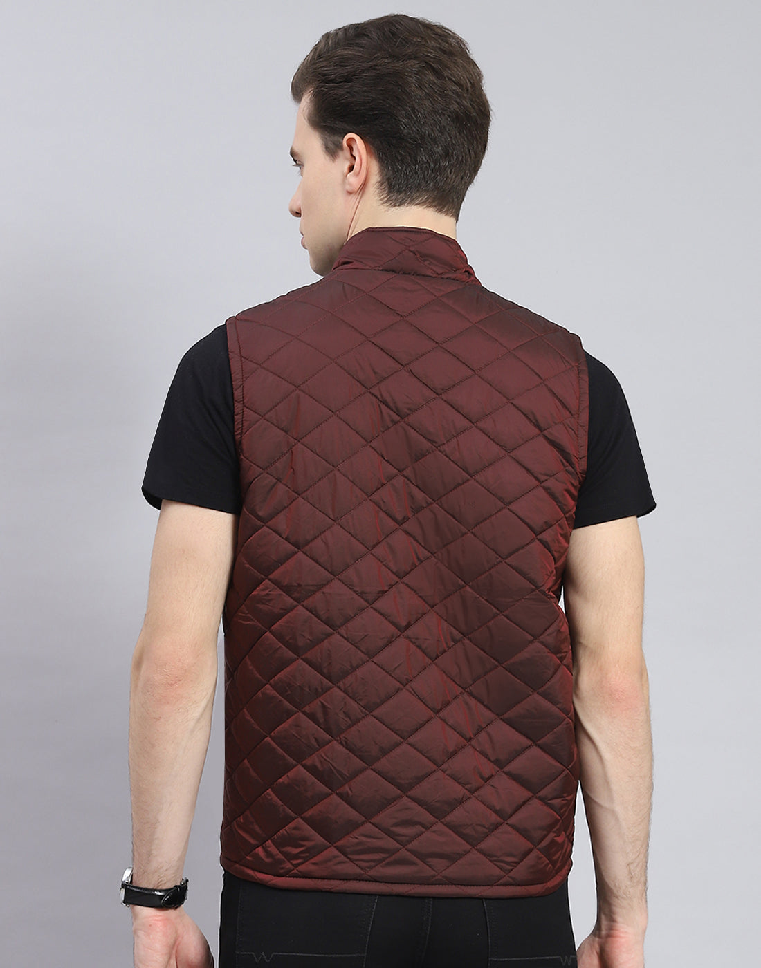 Rock.it Men Maroon Solid Stand Collar Sleeveless Jacket
