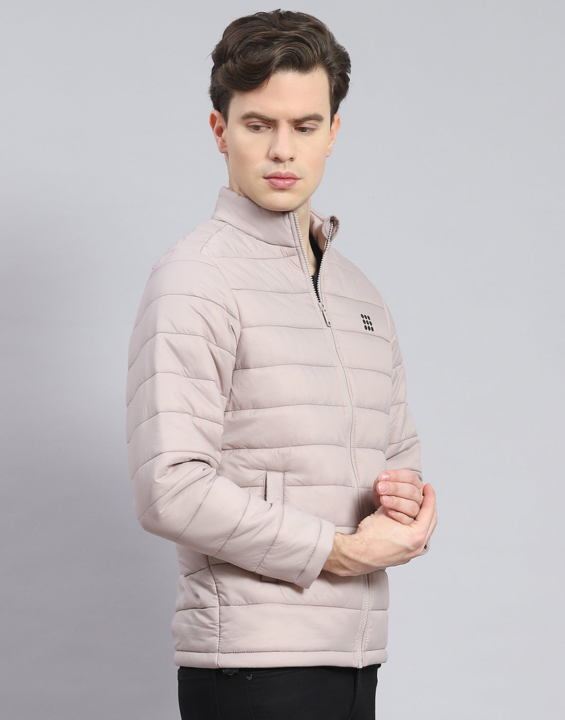 Men Grey Solid Stand Collar Full Sleeve Jacket