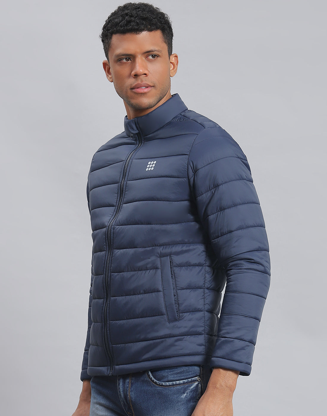 Rock.it Men Navy Blue Solid Stand Collar Full Sleeve Jacket