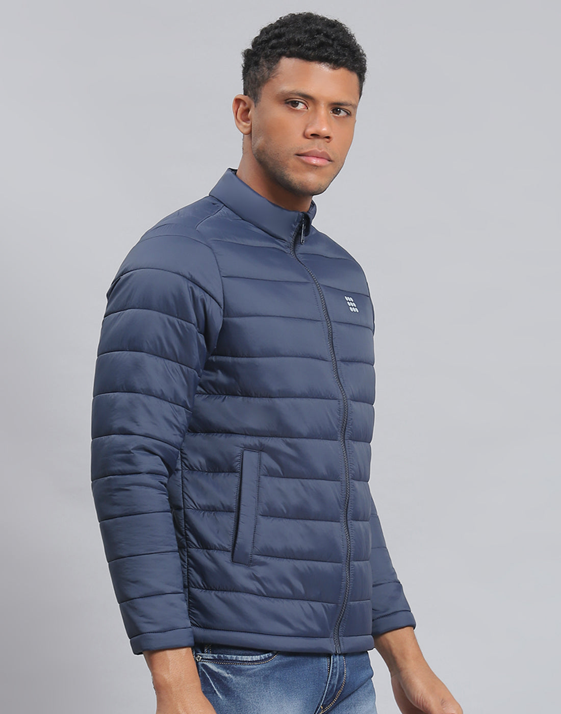 Rock.it Men Navy Blue Solid Stand Collar Full Sleeve Jacket