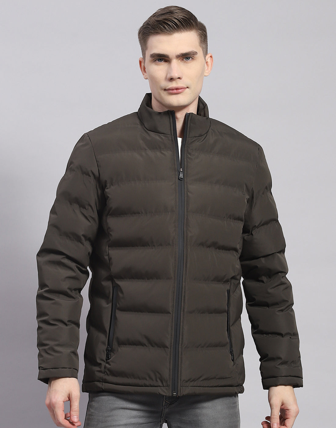 Rock.it Men Olive Solid Stand Collar Full Sleeve Jacket