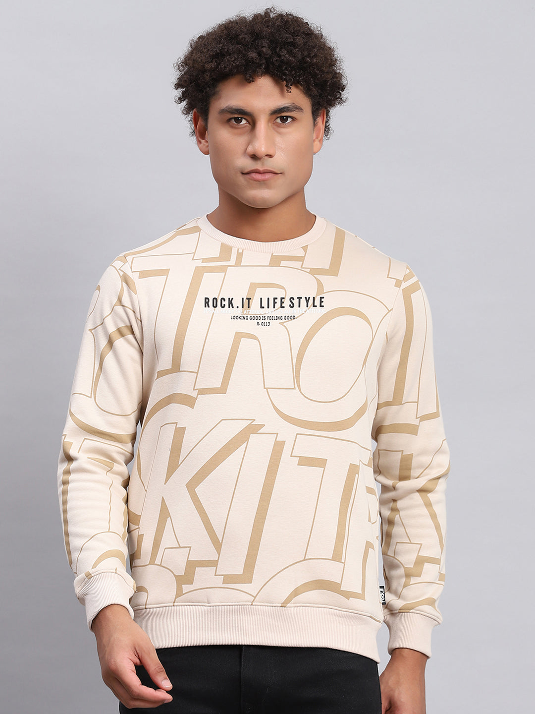 Rock.it Men Beige Printed Round Neck Full Sleeve Sweatshirt