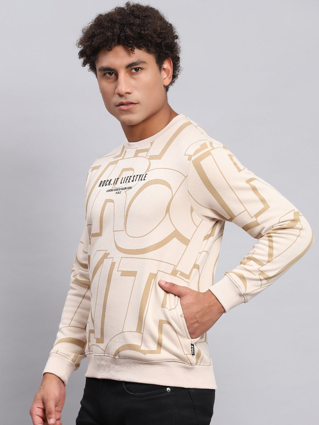 Rock.it Men Beige Printed Round Neck Full Sleeve Sweatshirt