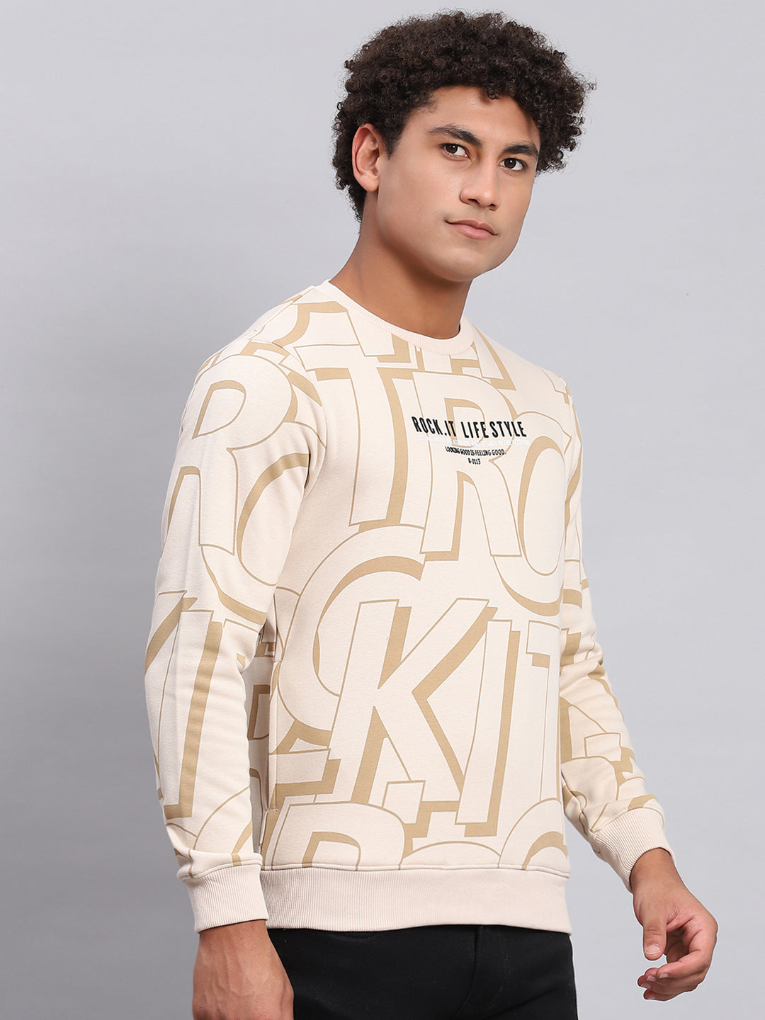 Rock.it Men Beige Printed Round Neck Full Sleeve Sweatshirt