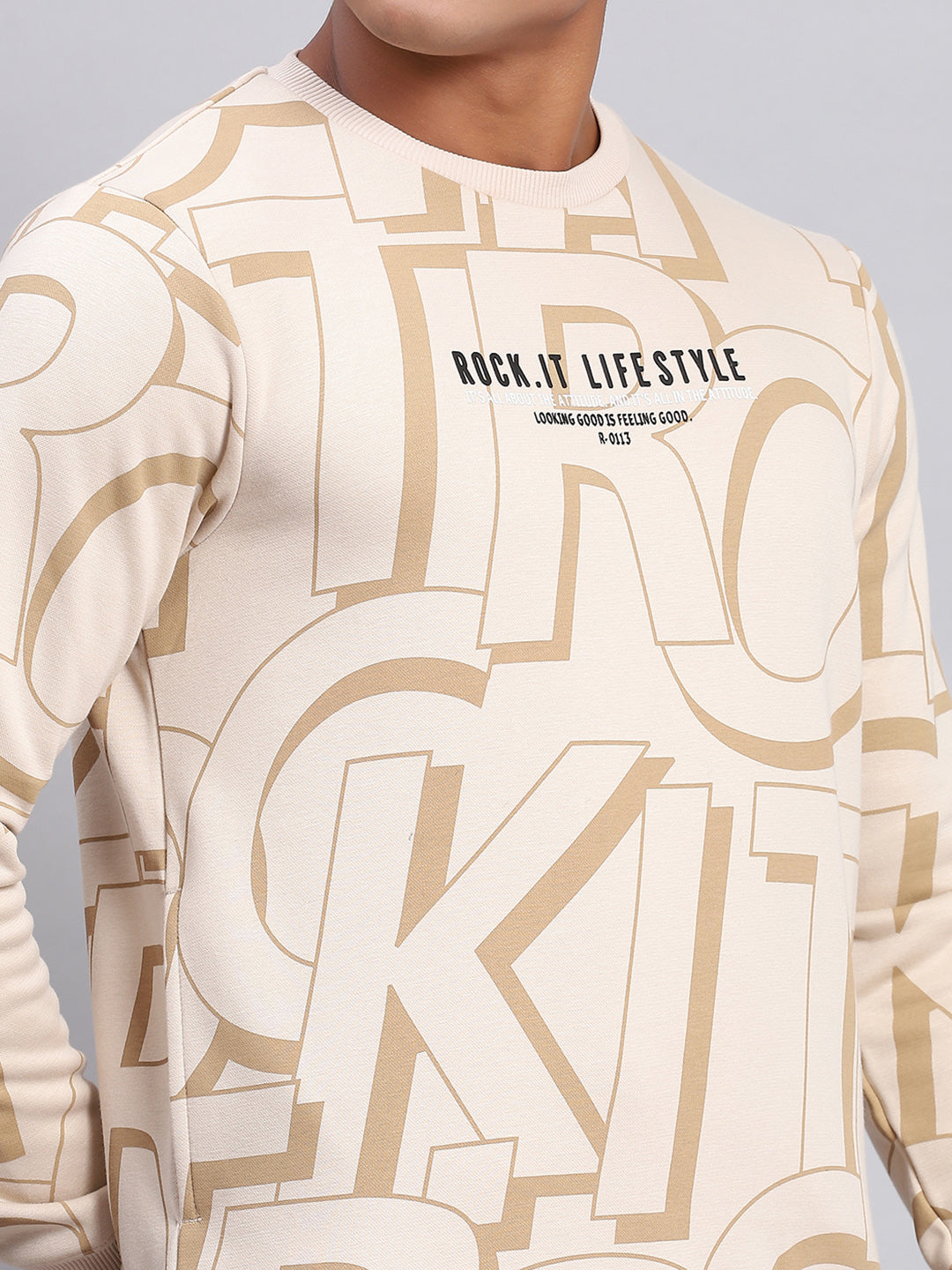 Rock.it Men Beige Printed Round Neck Full Sleeve Sweatshirt