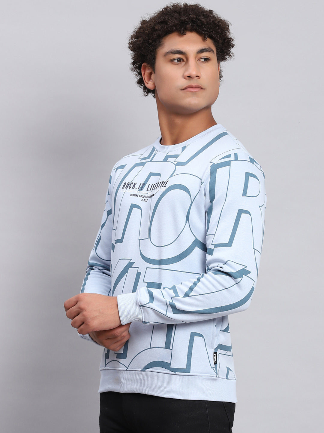 Rock.it Men Blue Printed Round Neck Full Sleeve Sweatshirt
