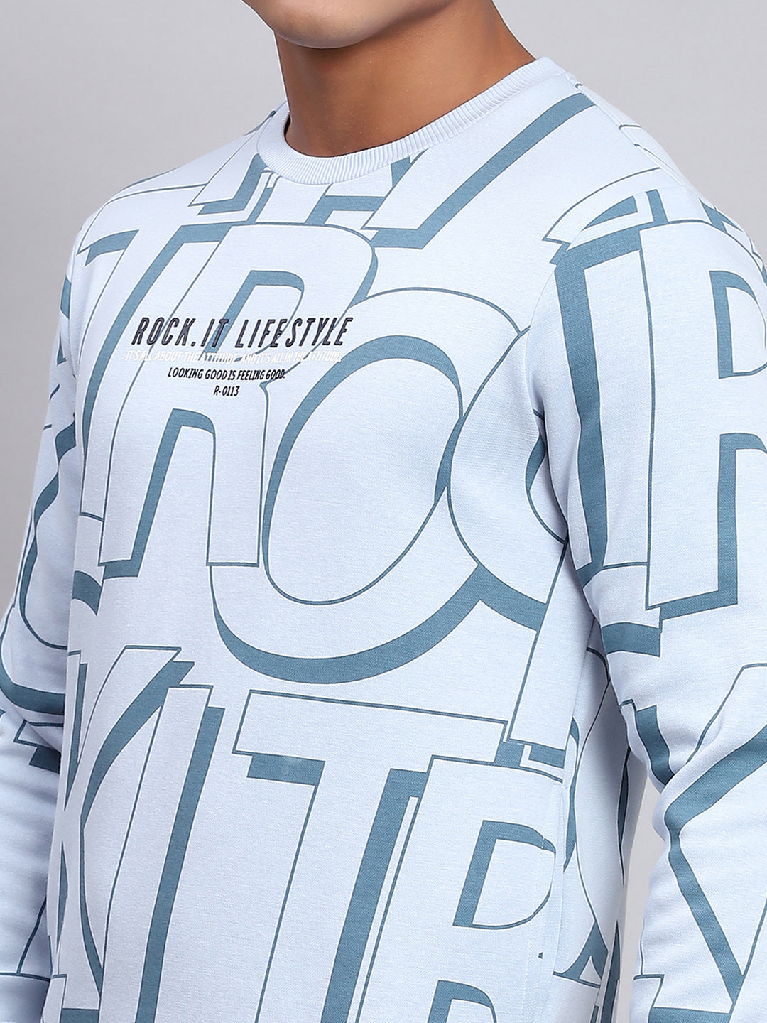 Rock.it Men Blue Printed Round Neck Full Sleeve Sweatshirt